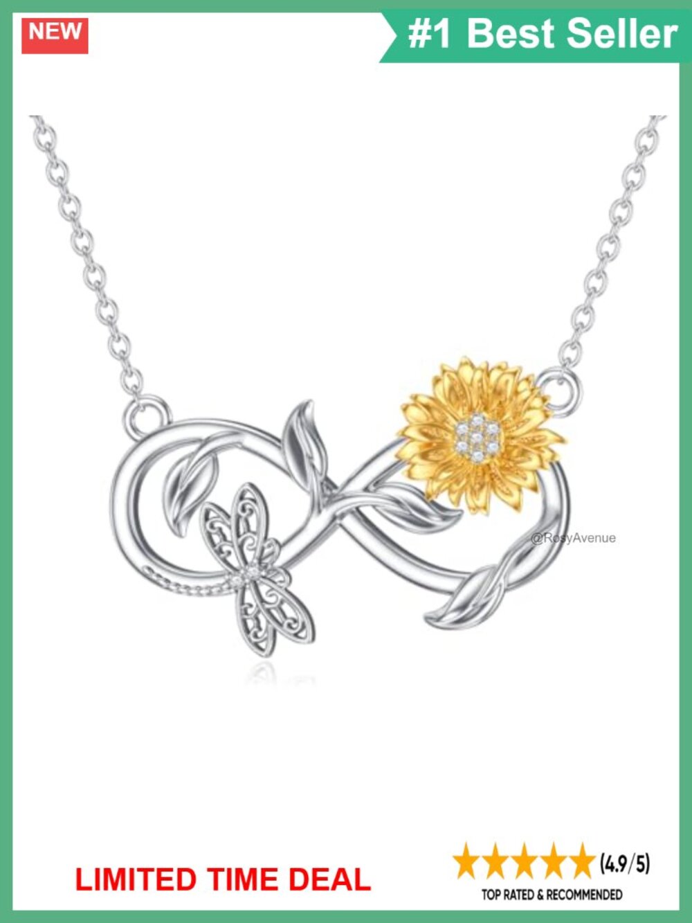 925 Sterling Silver Infinity Pendant Necklace Diamond Sunflower Dragonfly
